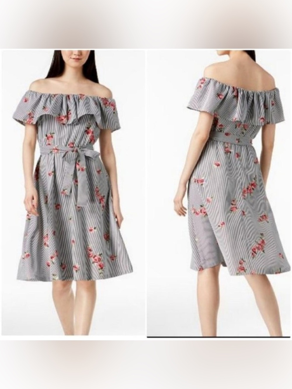 Calvin Klein Striped Off-the-Shoulder Embroidered Floral Midi Dress